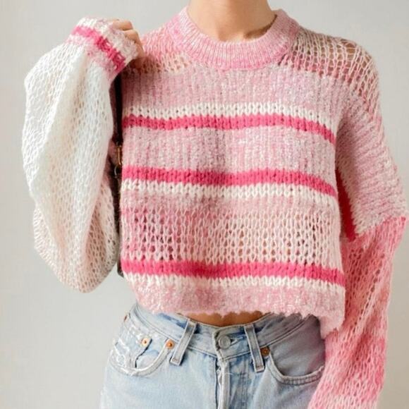 Kimchi Blue Pink Striped Open Knit Cropped Sweater XS Oversized Sheer Pullover - Picture 1 of 8